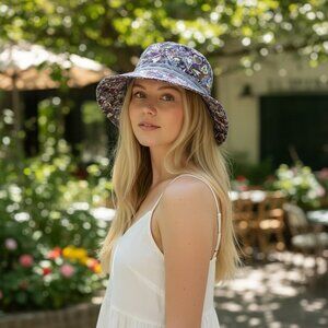 Wide Brim Sun Hat with Heart Paisley Pattern and Adjustable Chin Strap Gardening